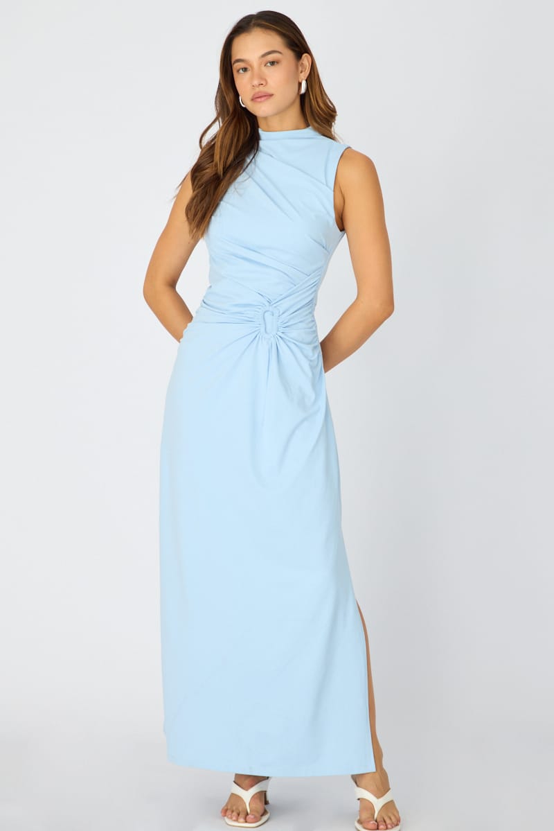 Blue High Neck Ruched Detail Bodycon Dress for Ally Fashion