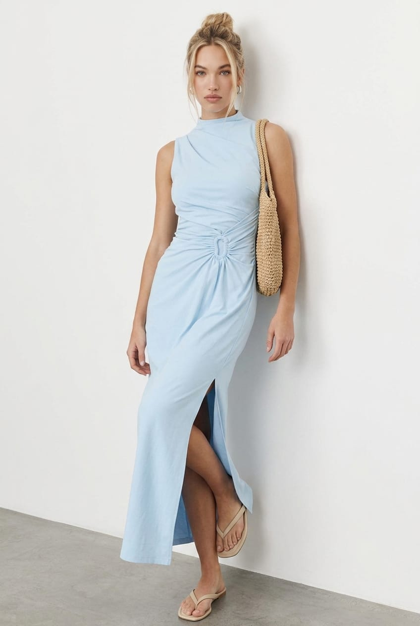 Blue High Neck Ruched Detail Bodycon Dress for Ally Fashion
