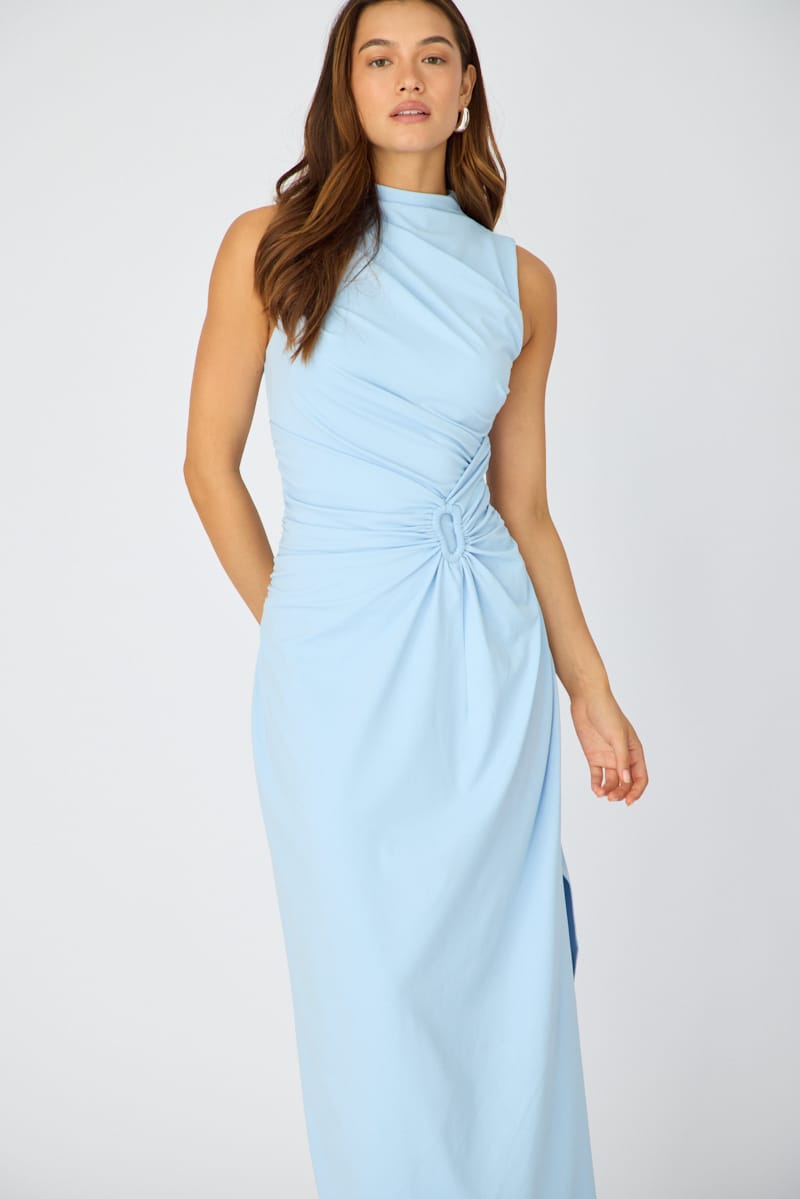 Blue High Neck Ruched Detail Bodycon Dress for Ally Fashion