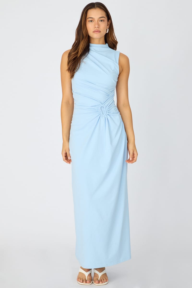 Blue High Neck Ruched Detail Bodycon Dress for Ally Fashion