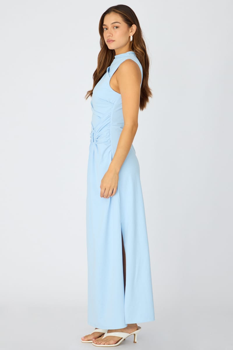 Blue High Neck Ruched Detail Bodycon Dress for Ally Fashion
