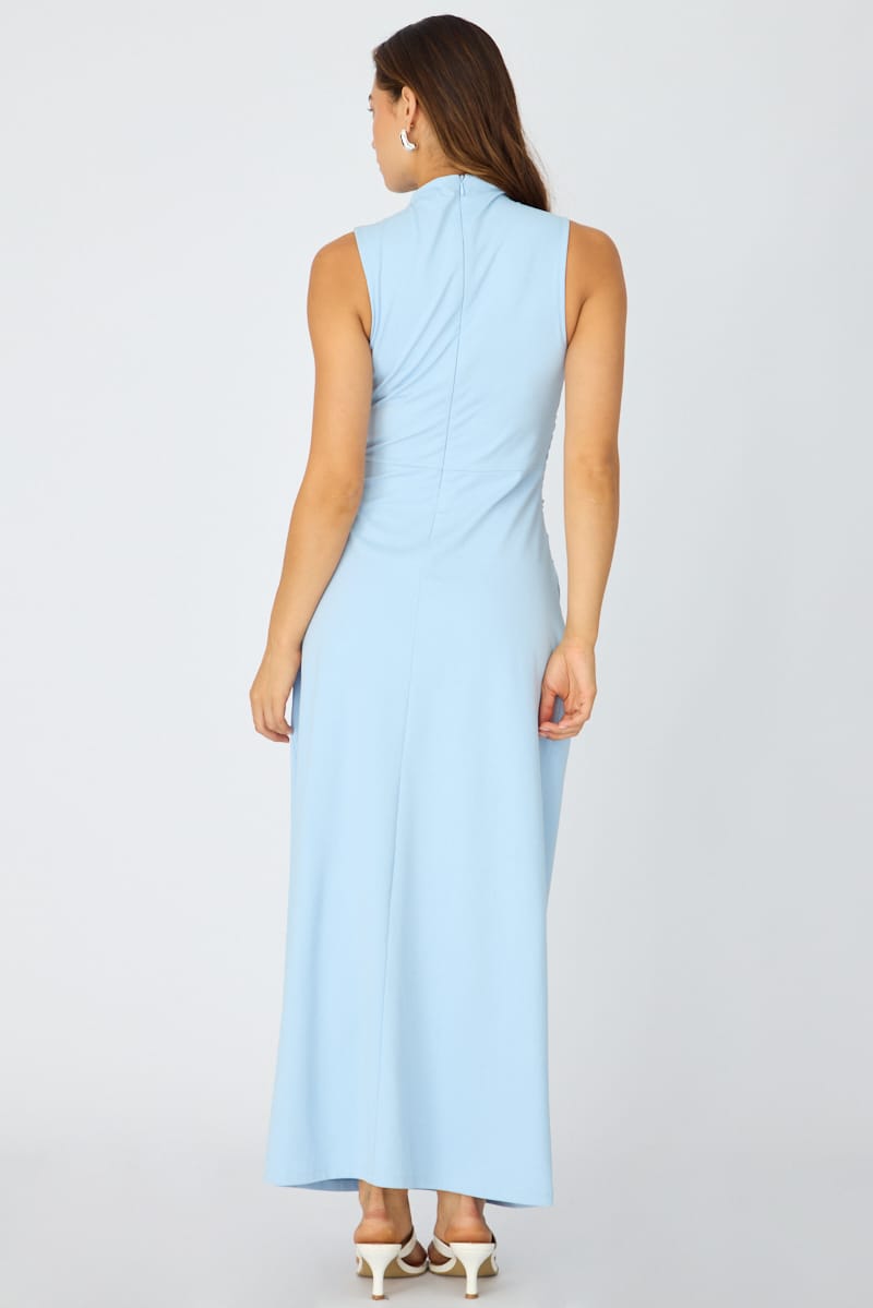 Blue High Neck Ruched Detail Bodycon Dress for Ally Fashion