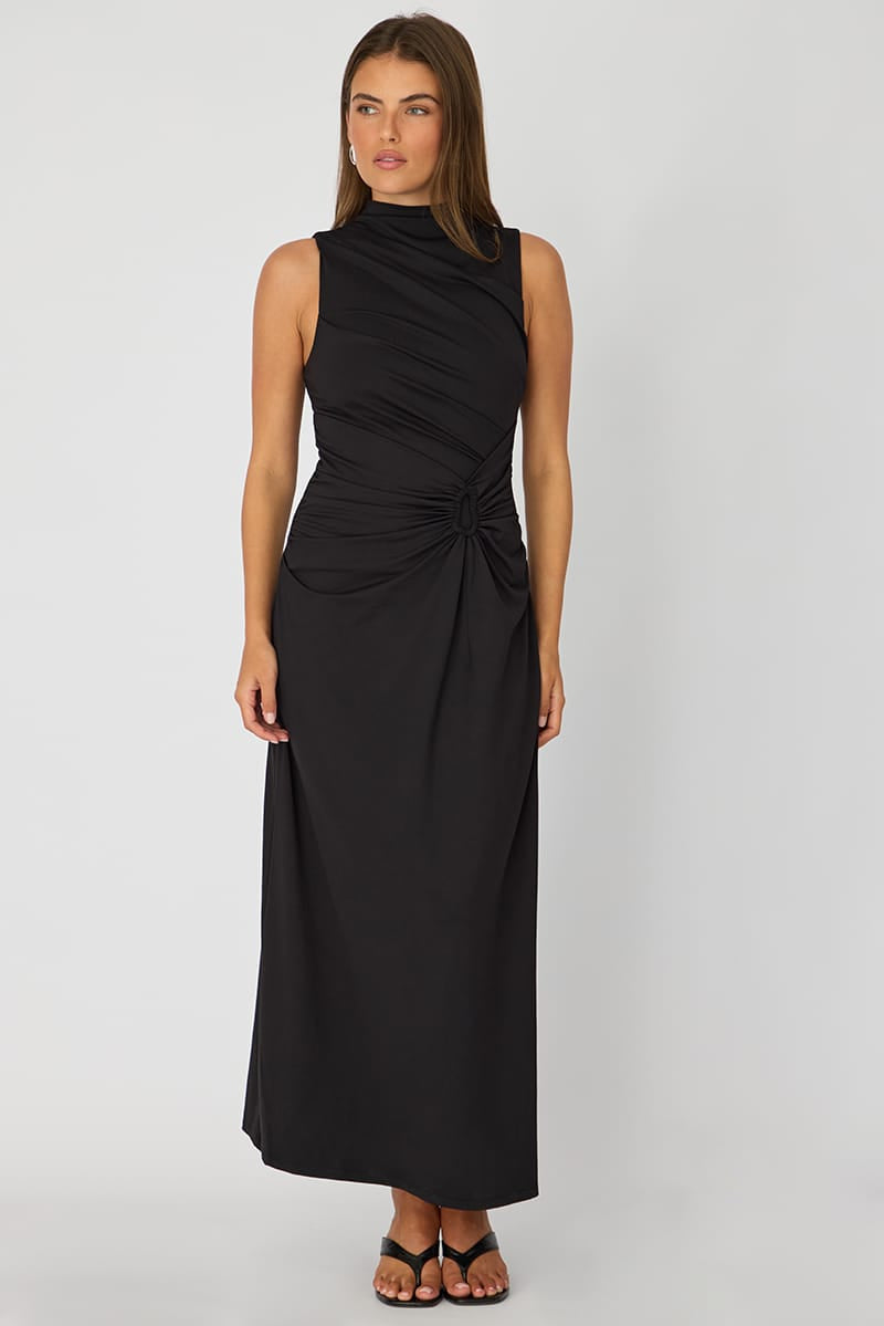 Black High Neck Ruched Detail Bodycon Dress for Ally Fashion