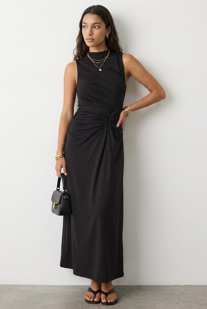 Black High Neck Ruched Detail Bodycon Dress for Ally Fashion