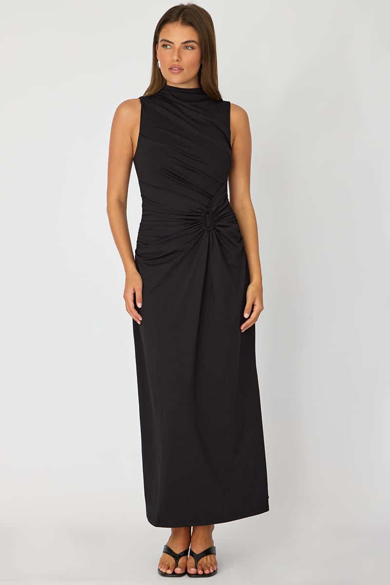 Black High Neck Ruched Detail Bodycon Dress for Ally Fashion
