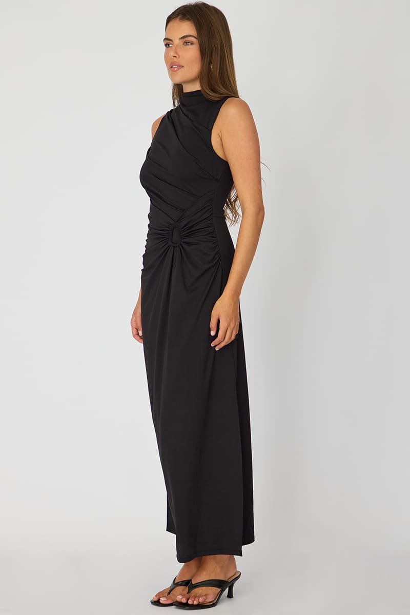 Black High Neck Ruched Detail Bodycon Dress for Ally Fashion
