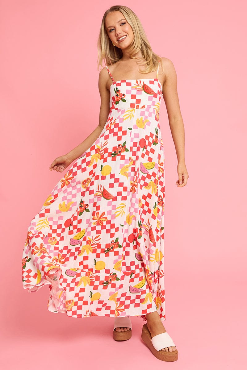 Red Abstract Maxi Dress Strappy for Ally Fashion