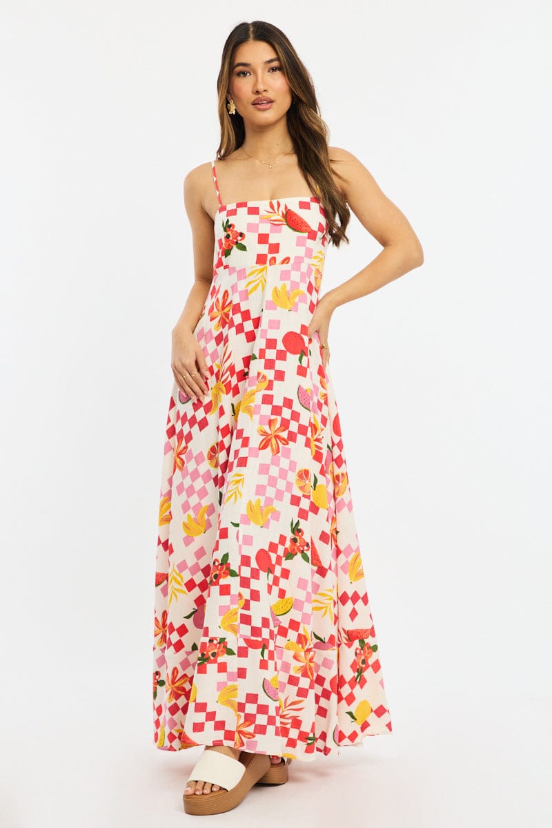 Red Abstract Maxi Dress Strappy for Ally Fashion