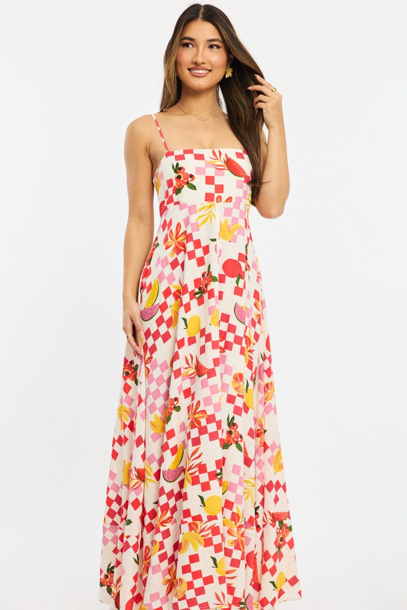 Red Abstract Maxi Dress Strappy for Ally Fashion