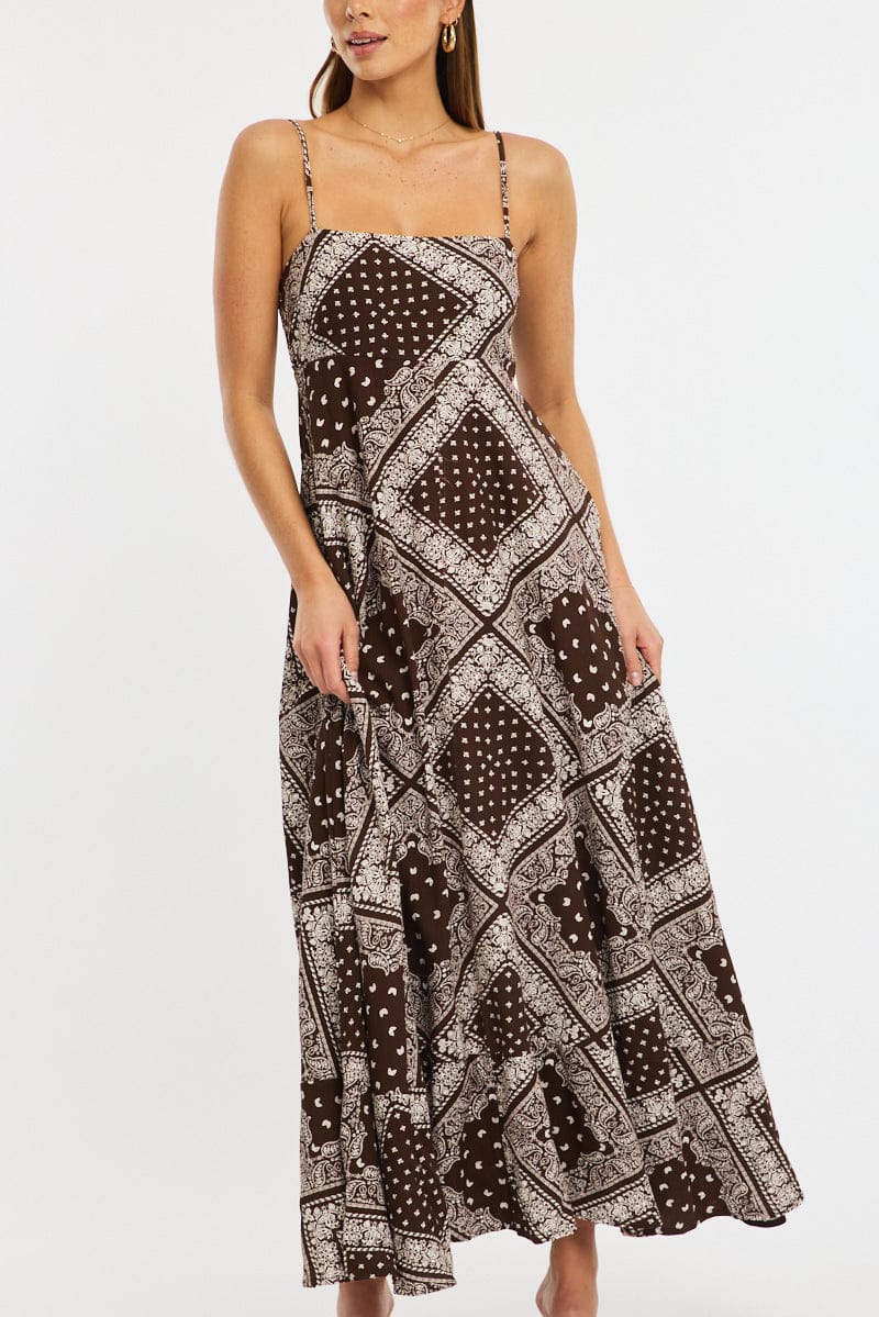 Brown Boho Maxi Dress Strappy for Ally Fashion