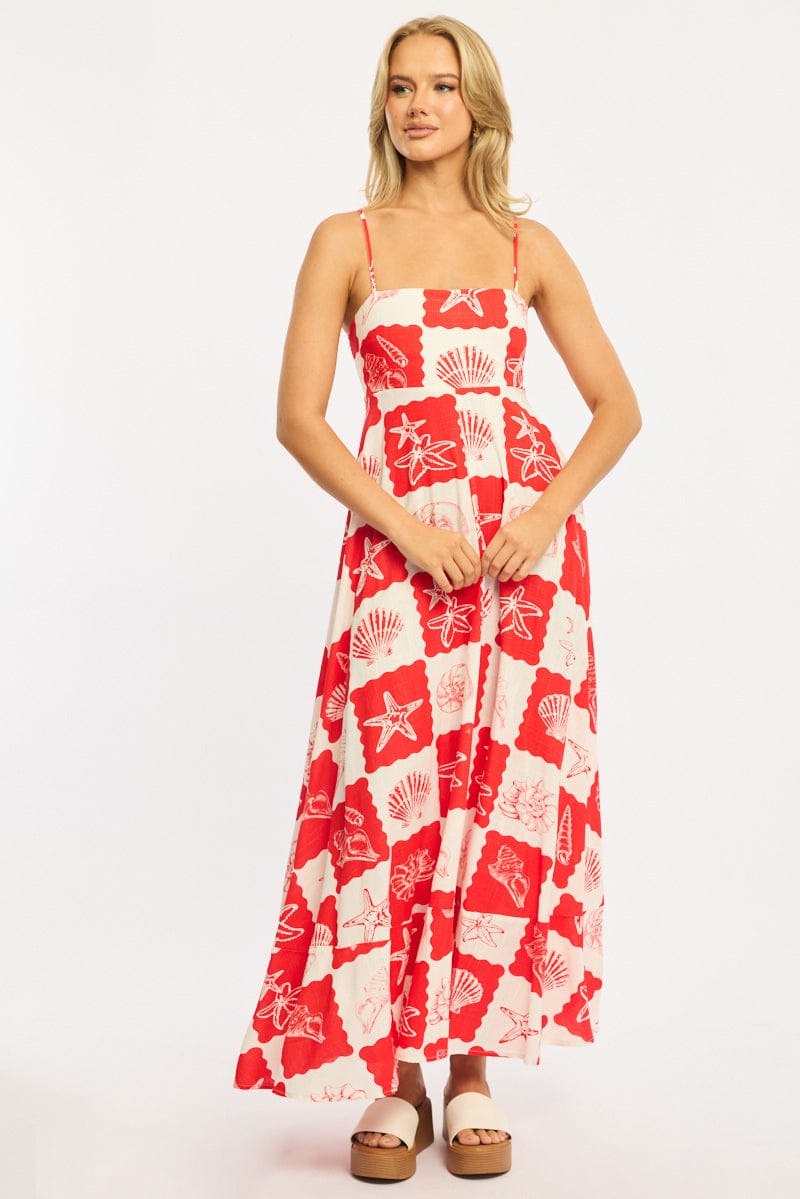 Red Abstract Maxi Dress Strappy for Ally Fashion