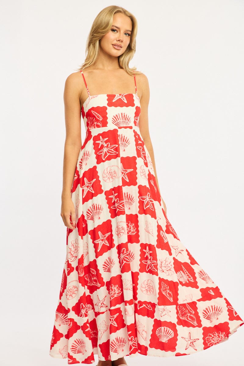 Red Abstract Maxi Dress Strappy for Ally Fashion