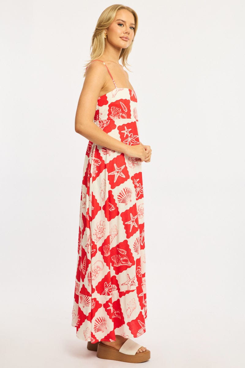 Red Abstract Maxi Dress Strappy for Ally Fashion