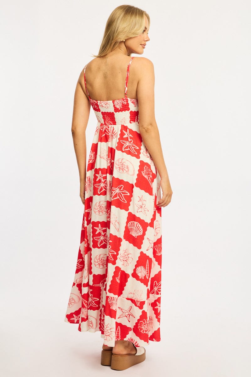 Red Abstract Maxi Dress Strappy for Ally Fashion