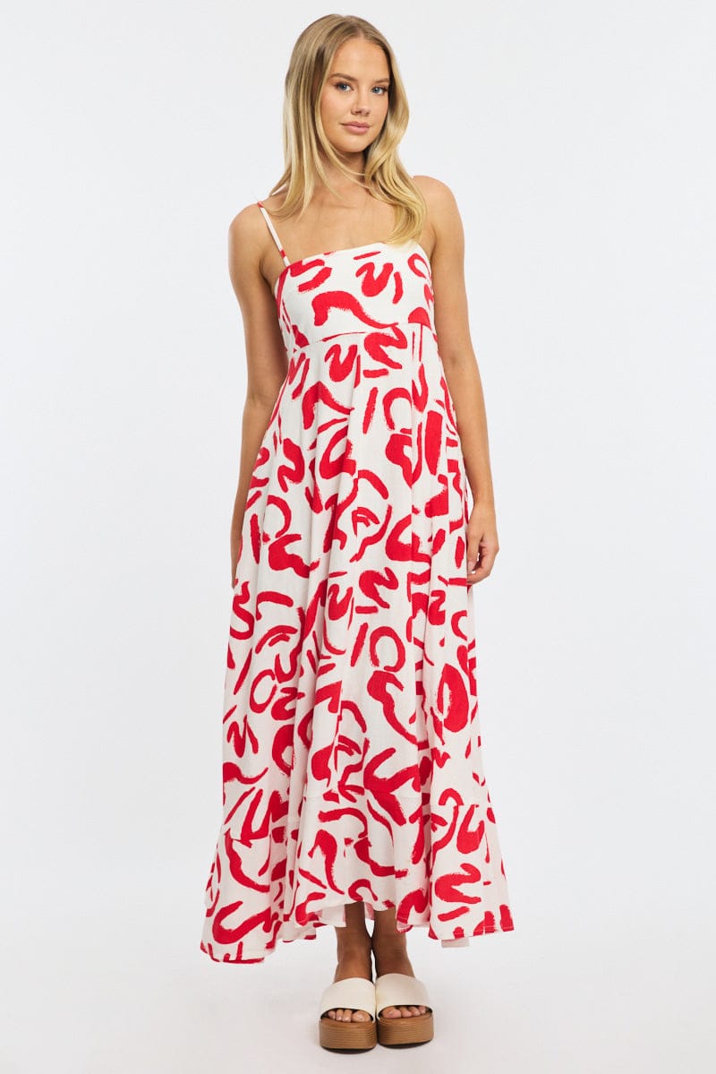 Red Abstract Maxi Dress Strappy for Ally Fashion