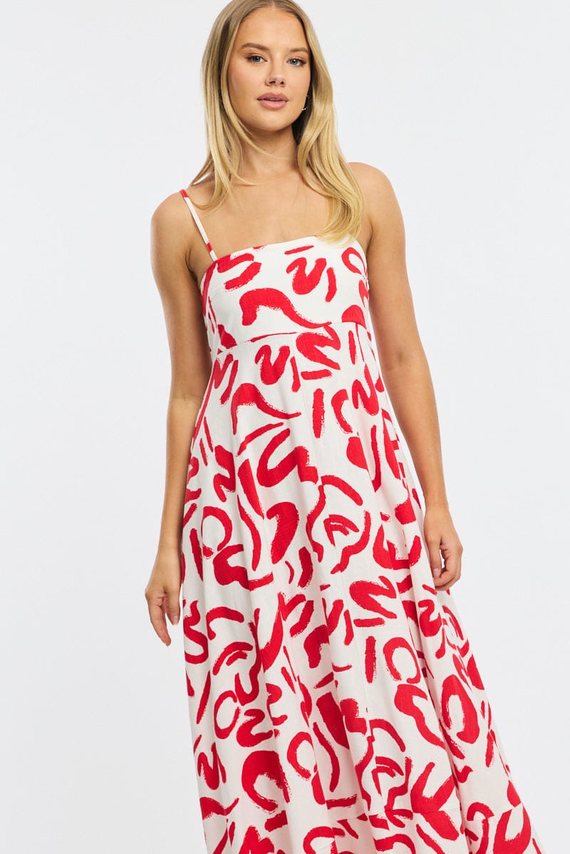 Red Abstract Maxi Dress Strappy for Ally Fashion