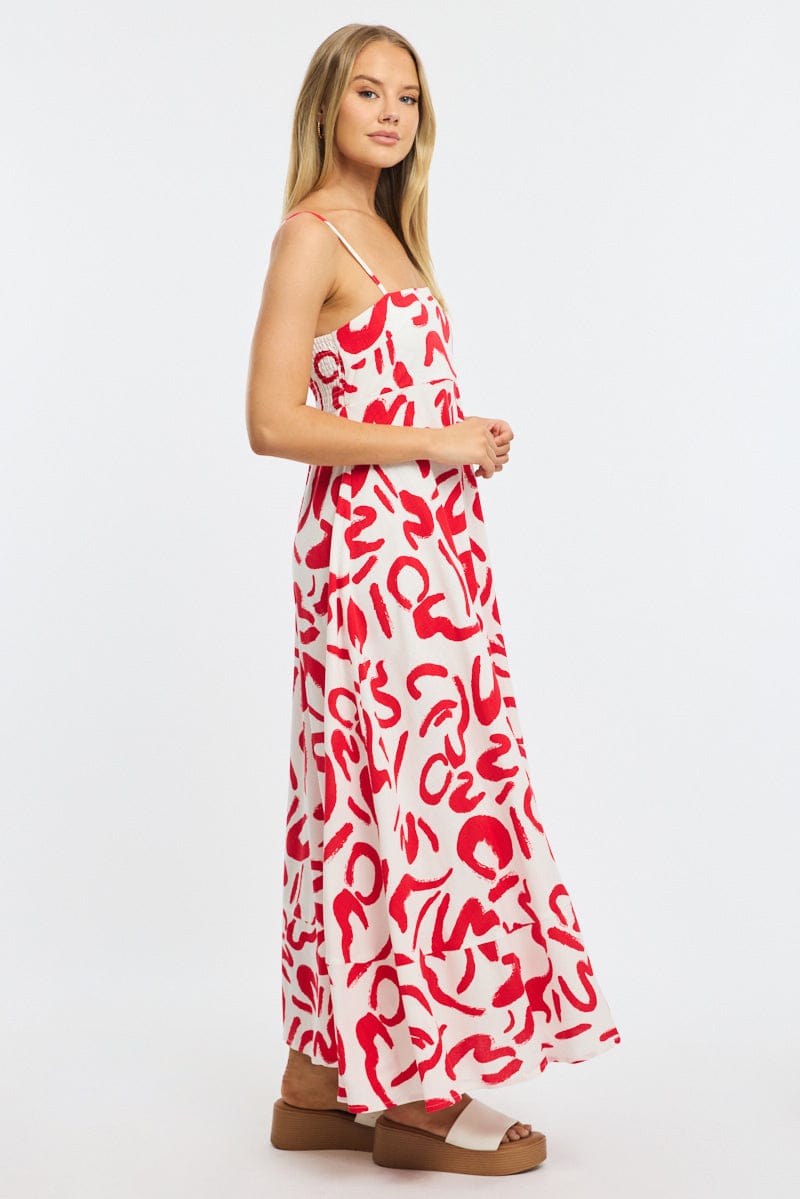 Red Abstract Maxi Dress Strappy for Ally Fashion