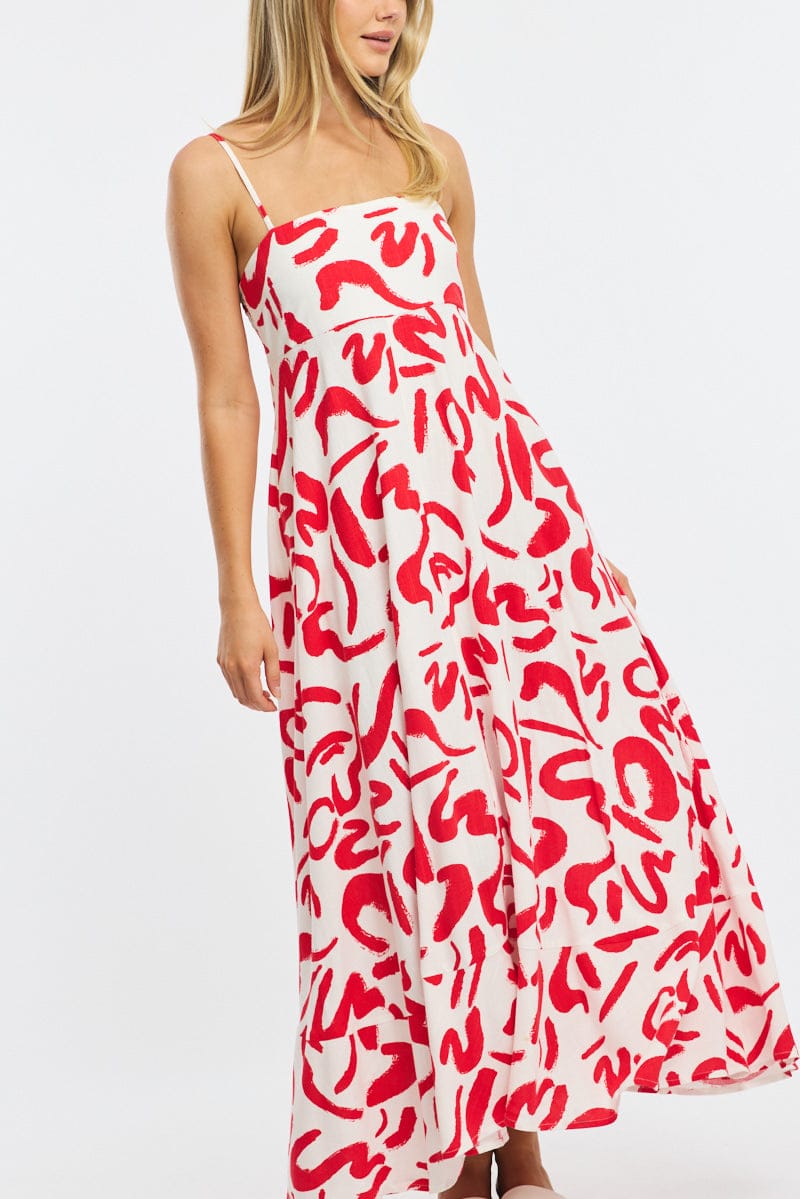 Red Abstract Maxi Dress Strappy for Ally Fashion