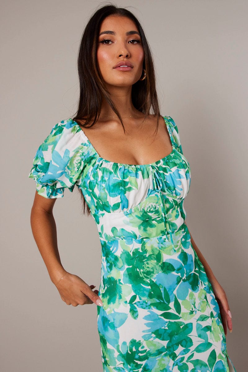 Green Floral Midi Dress Puff Sleeve for Ally Fashion