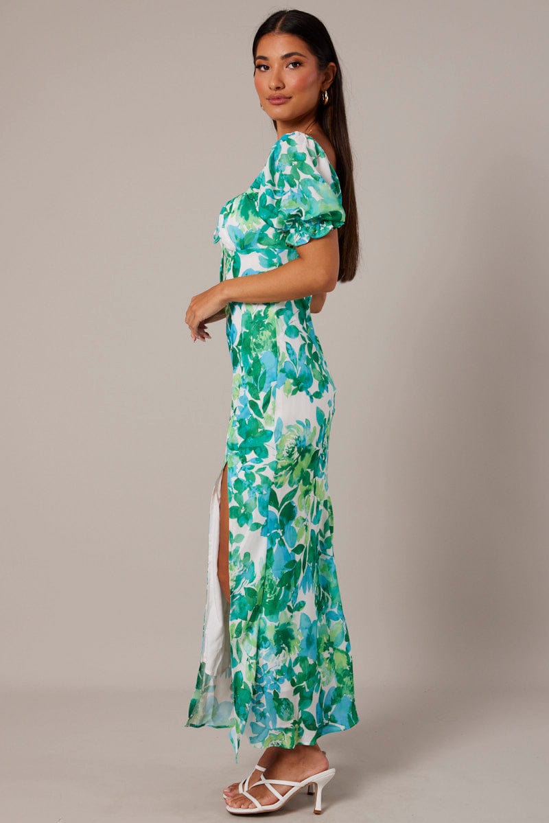 Green Floral Midi Dress Puff Sleeve for Ally Fashion