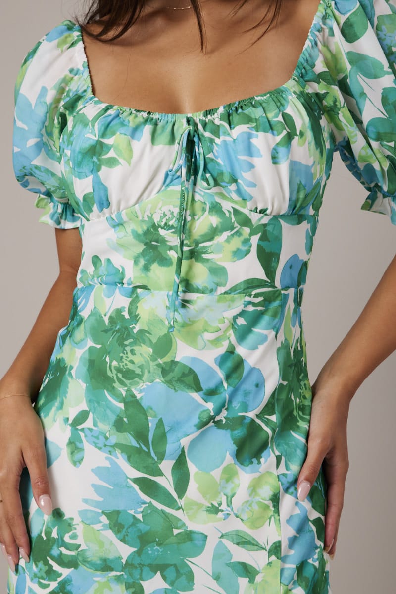 Green Floral Midi Dress Puff Sleeve for Ally Fashion