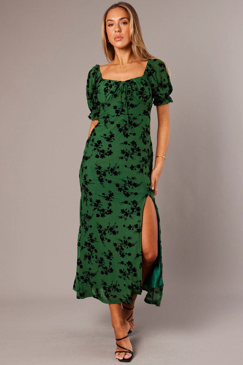 Green Midi Dress Puff Sleeve Burn Out for Ally Fashion