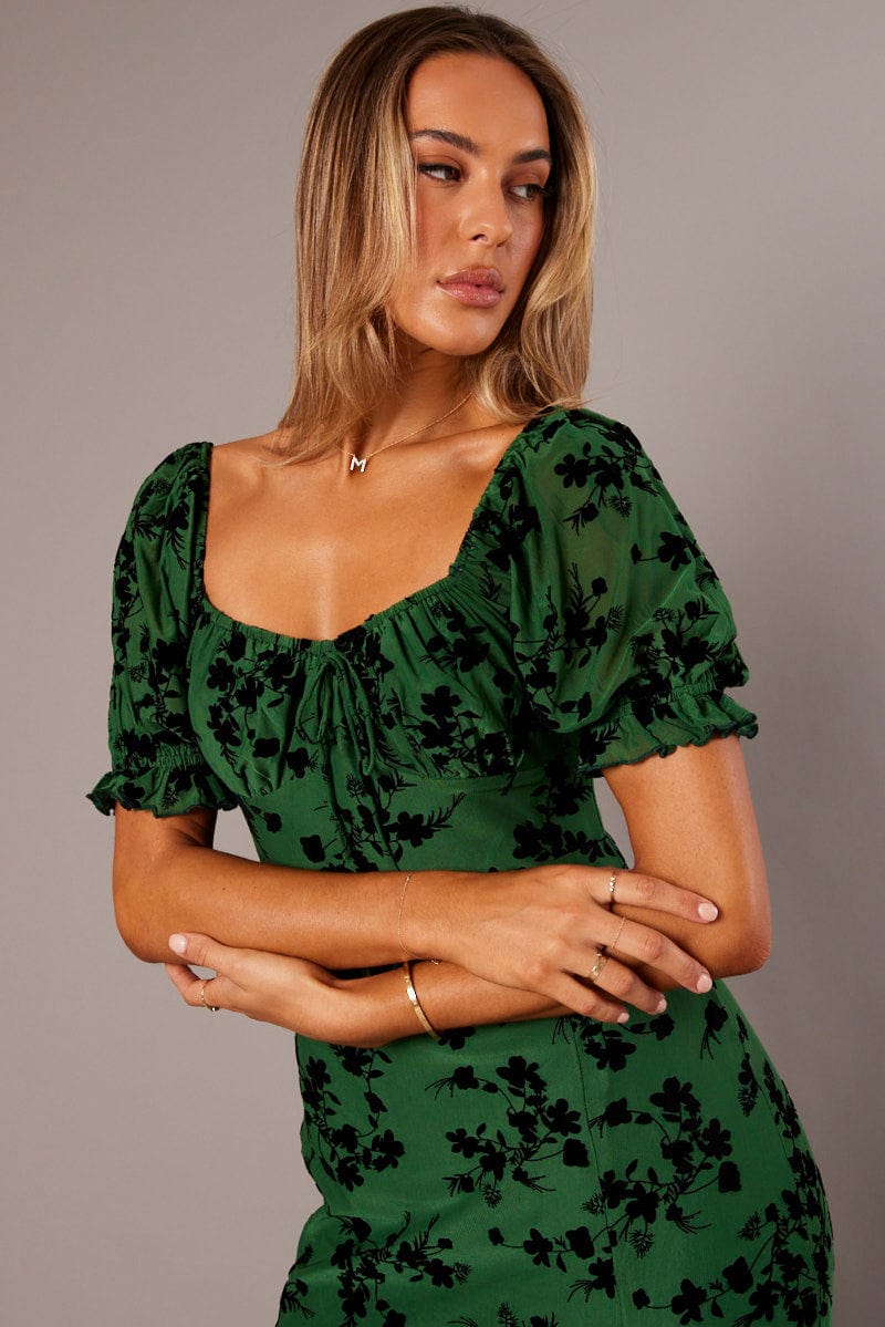 Green Midi Dress Puff Sleeve Burn Out for Ally Fashion