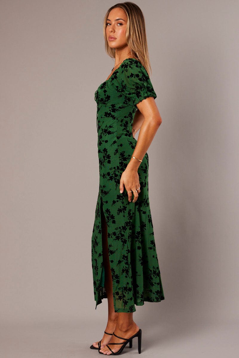 Green Midi Dress Puff Sleeve Burn Out for Ally Fashion