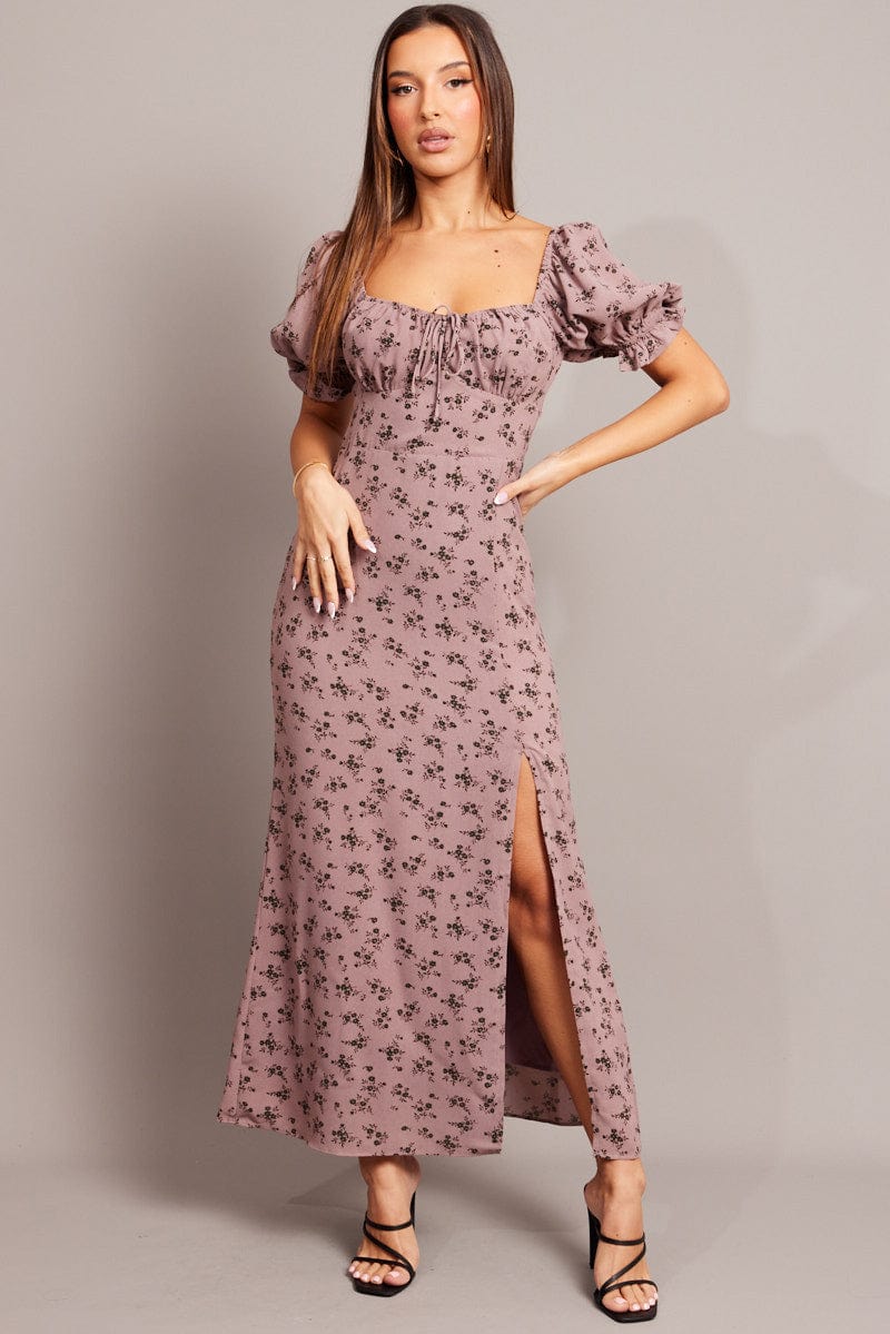 Purple Ditsy Midi Dress Puff Sleeve for Ally Fashion