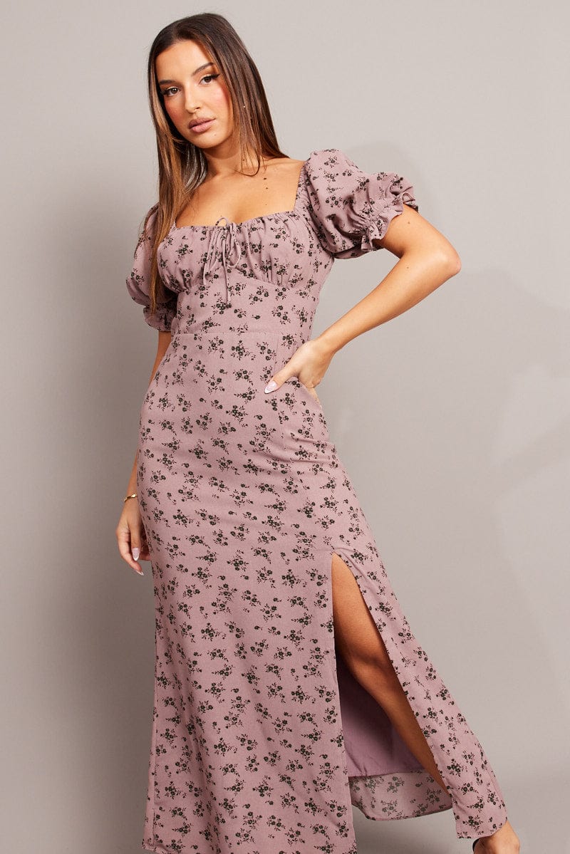 Purple Ditsy Midi Dress Puff Sleeve for Ally Fashion