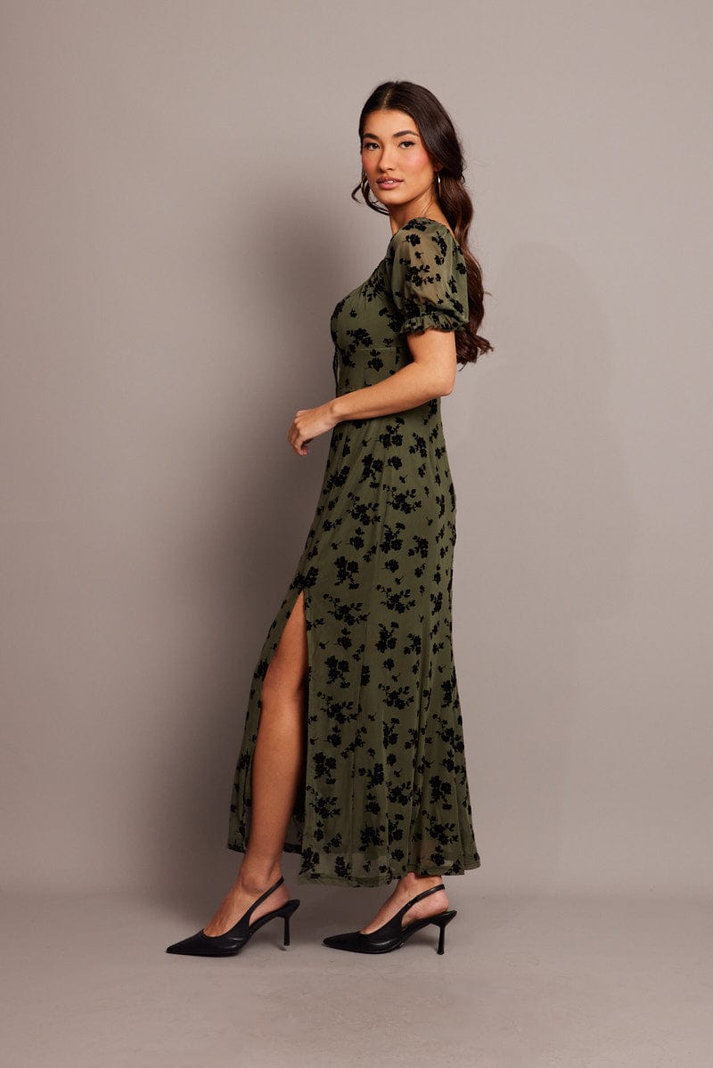 Green Ditsy Midi Dress Puff Sleeve for Ally Fashion