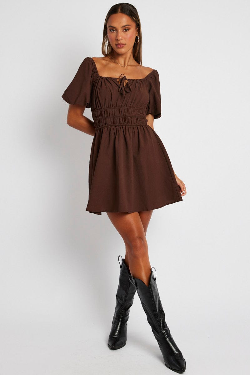 Brown Fit And Flare Dress Puff Sleeve Mini for Ally Fashion