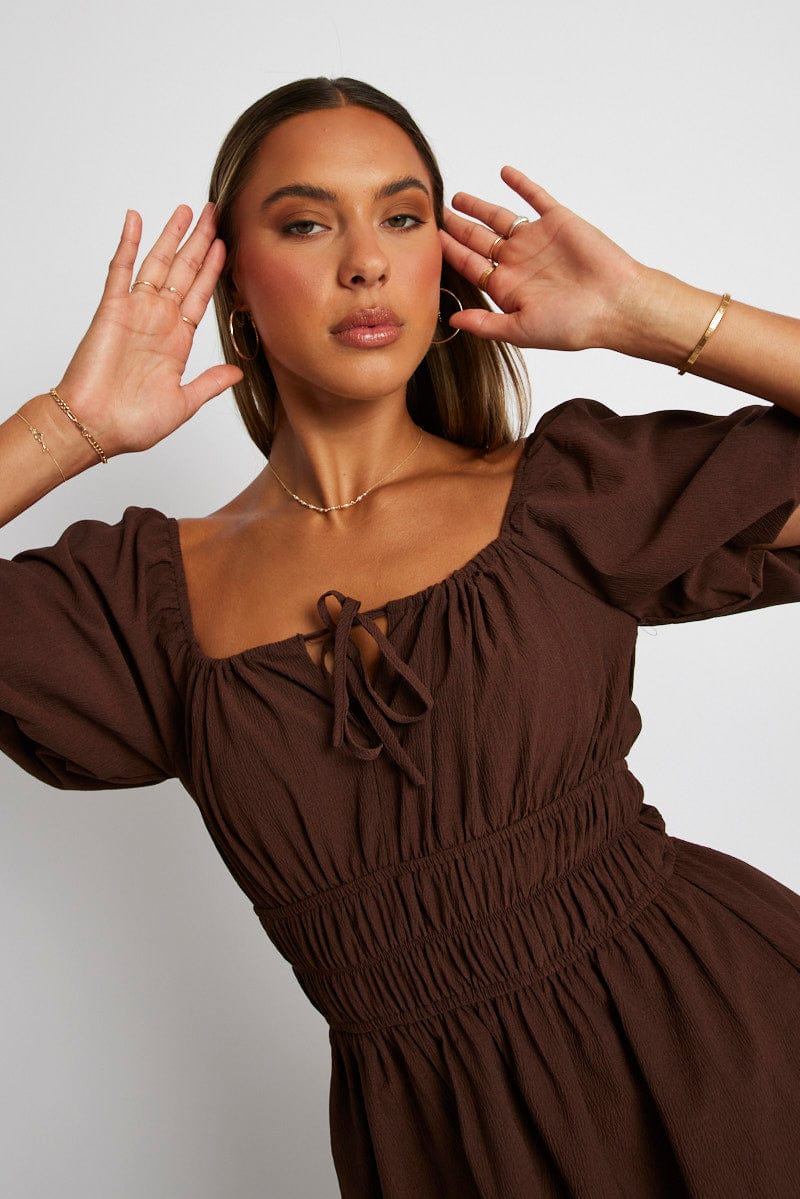 Brown Fit And Flare Dress Puff Sleeve Mini for Ally Fashion