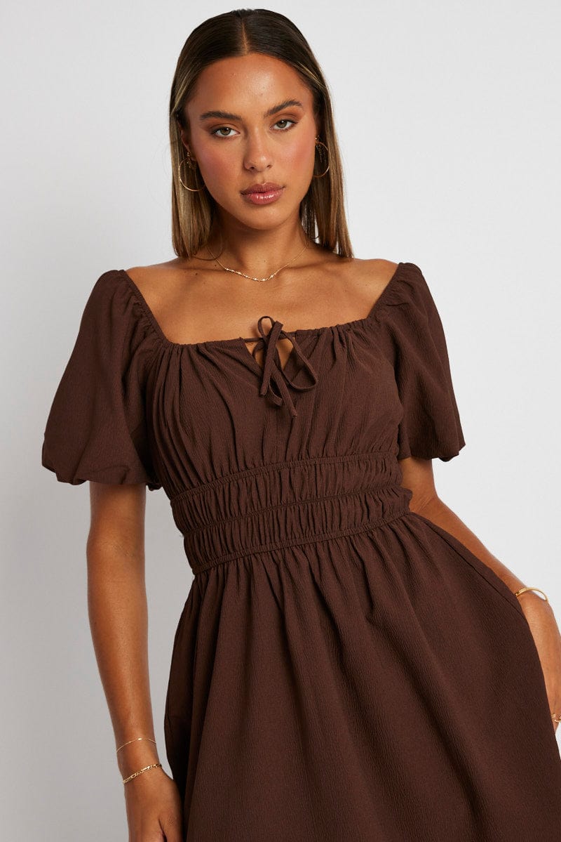 Brown Fit And Flare Dress Puff Sleeve Mini for Ally Fashion