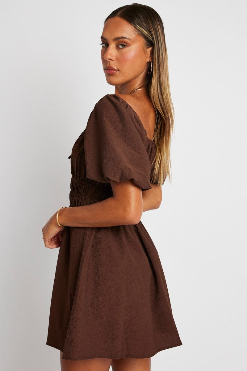 Brown Fit And Flare Dress Puff Sleeve Mini for Ally Fashion