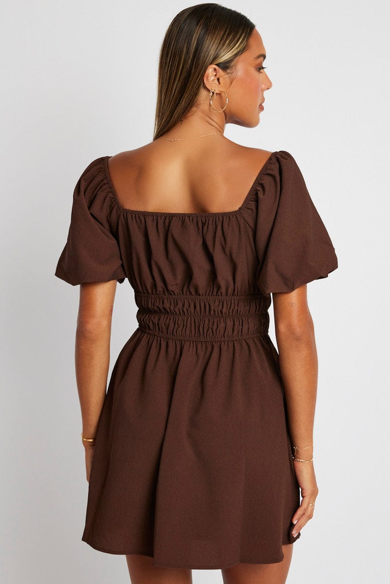 Brown Fit And Flare Dress Puff Sleeve Mini for Ally Fashion