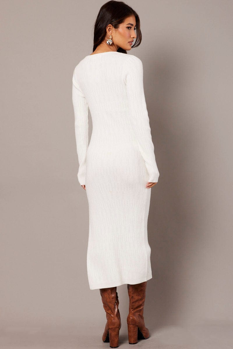 White Knit Dress Long Sleeve Bodycon for Ally Fashion