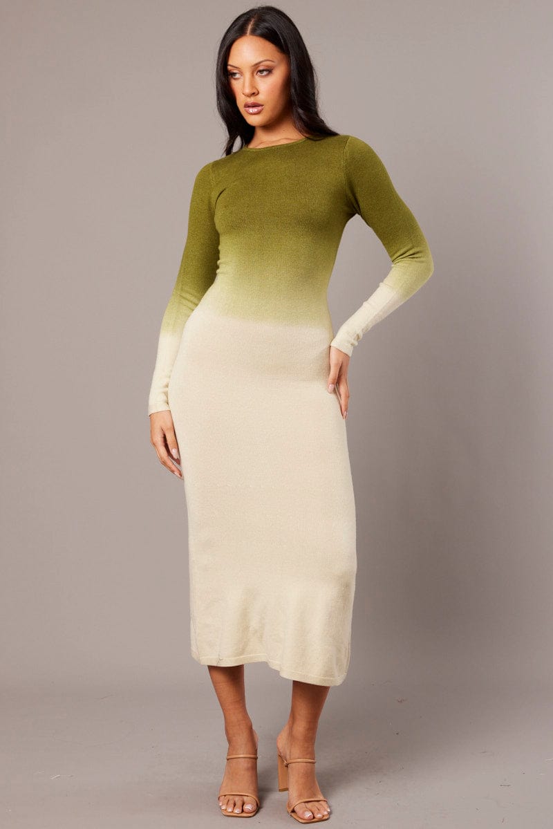 Green Print Knit Dress Long Sleeve Maxi for Ally Fashion