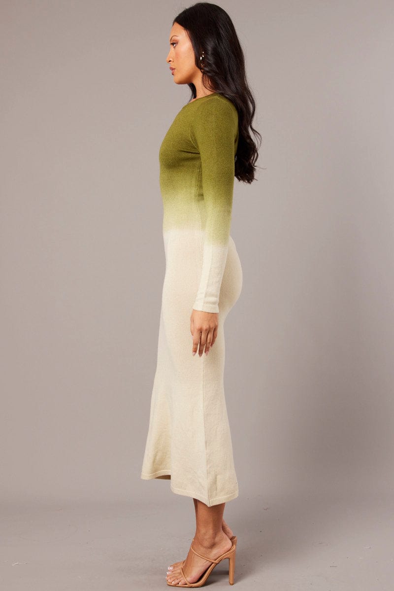 Green Print Knit Dress Long Sleeve Maxi for Ally Fashion