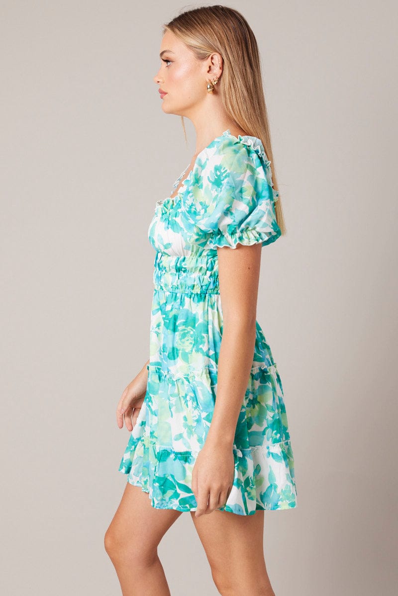 Green Floral Fit And Flare Dress Puff Sleeve for Ally Fashion