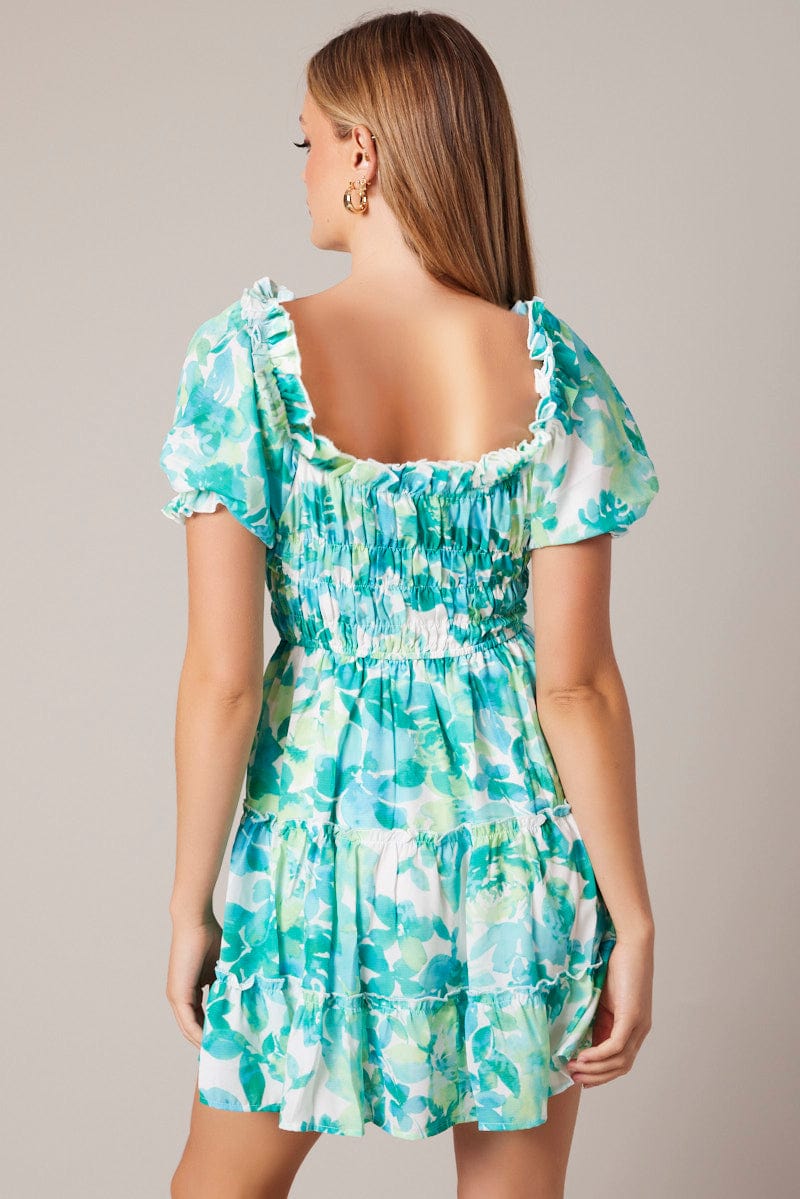 Green Floral Fit And Flare Dress Puff Sleeve for Ally Fashion