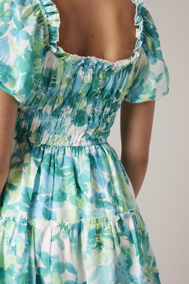 Green Floral Fit And Flare Dress Puff Sleeve for Ally Fashion