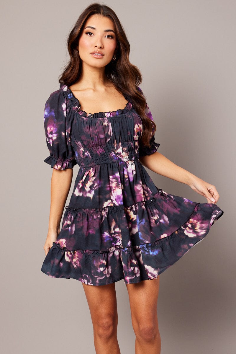 Purple Floral Fit And Flare Dress Puff Sleeve Mini for Ally Fashion