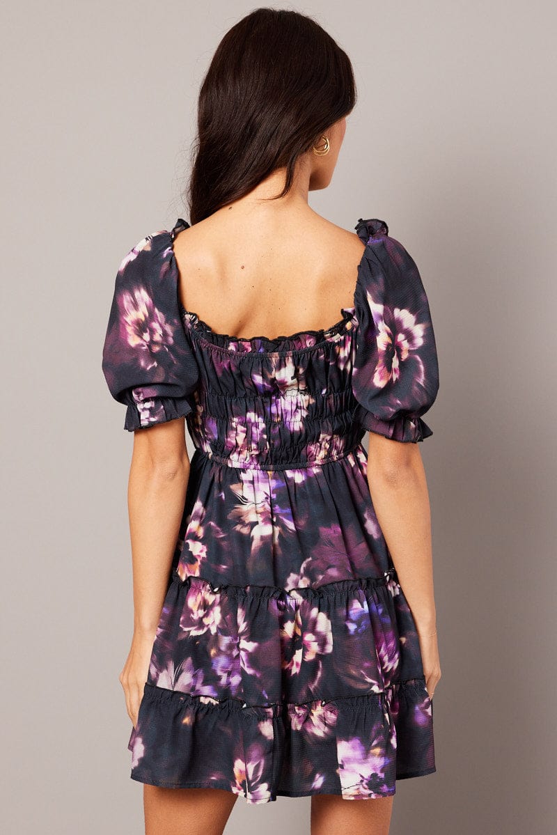 Purple Floral Fit And Flare Dress Puff Sleeve Mini for Ally Fashion