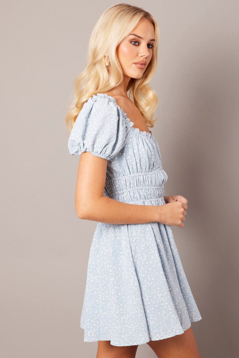 Blue Ditsy Fit And Flare Dress Puff Sleeve for Ally Fashion
