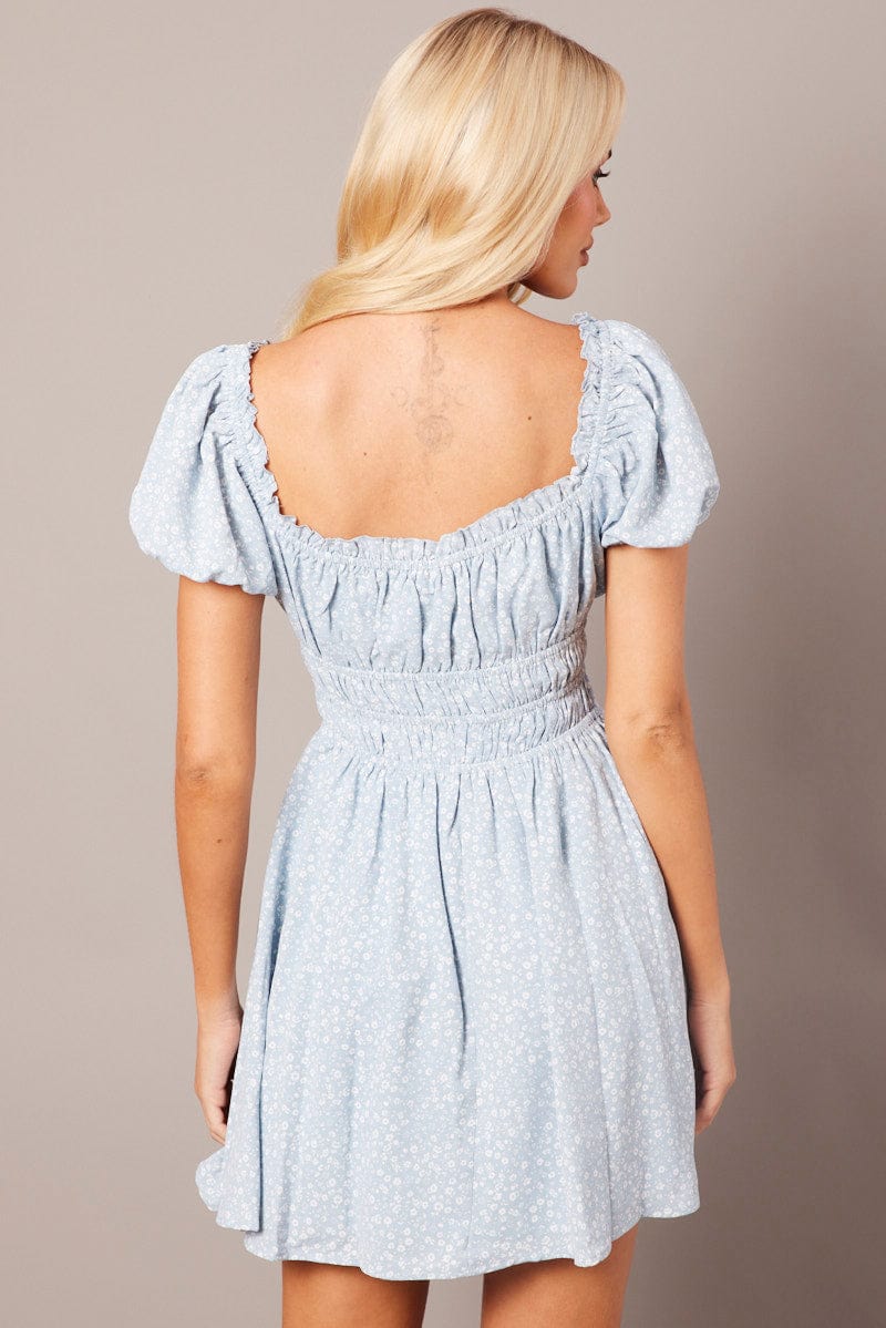 Blue Ditsy Fit And Flare Dress Puff Sleeve for Ally Fashion