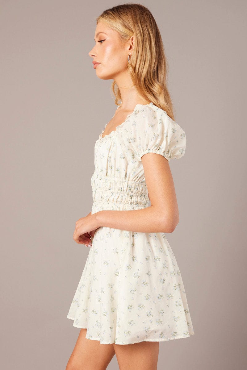 White Ditsy Fit And Flare Dress Puff Sleeve for Ally Fashion