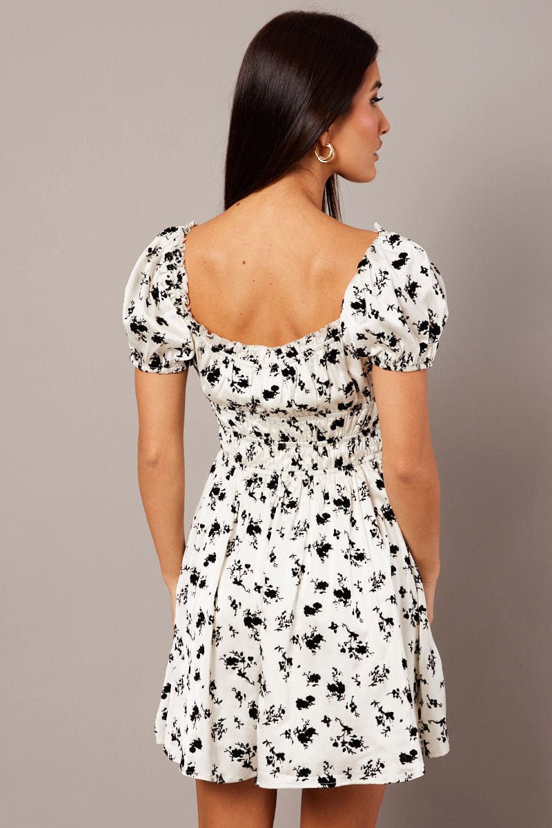 White Floral Fit And Flare Dress Puff Sleeve for Ally Fashion