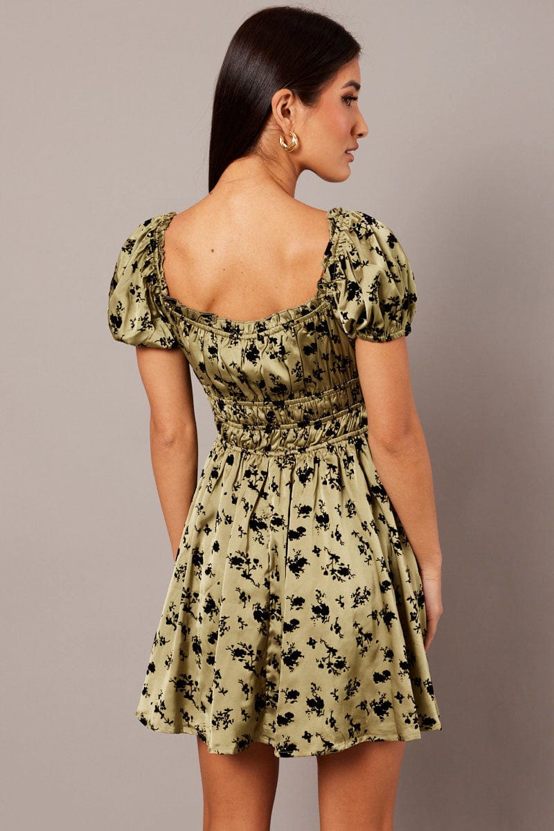 Green Floral Fit And Flare Dress Puff Sleeve for Ally Fashion
