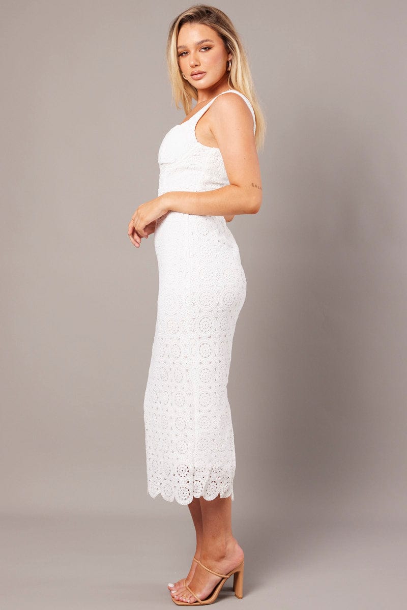 White Midi Dress Sleeveless Lace for Ally Fashion